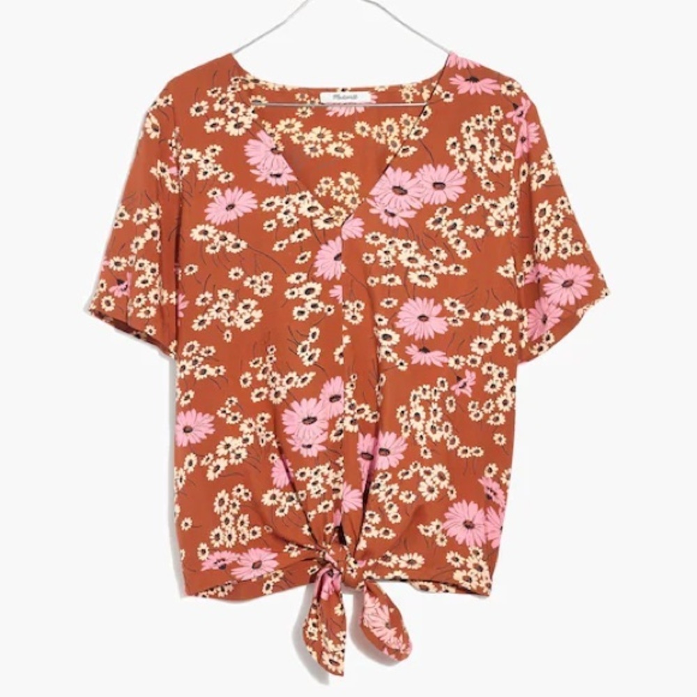 Madewell Daisy Print Tie-Front V-Neck Blouse Brown Pink Floral Medium